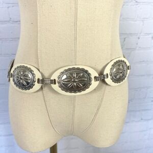 Western Faux White Leather Silver Floral Embossed Circle Chain Concho Belt